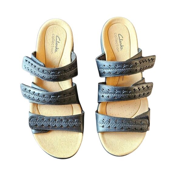 CLARKS COLKECTION Black Leather LAURIEANN Cove Ajustable Velcro Flat Sandals 9W - Picture 2 of 14